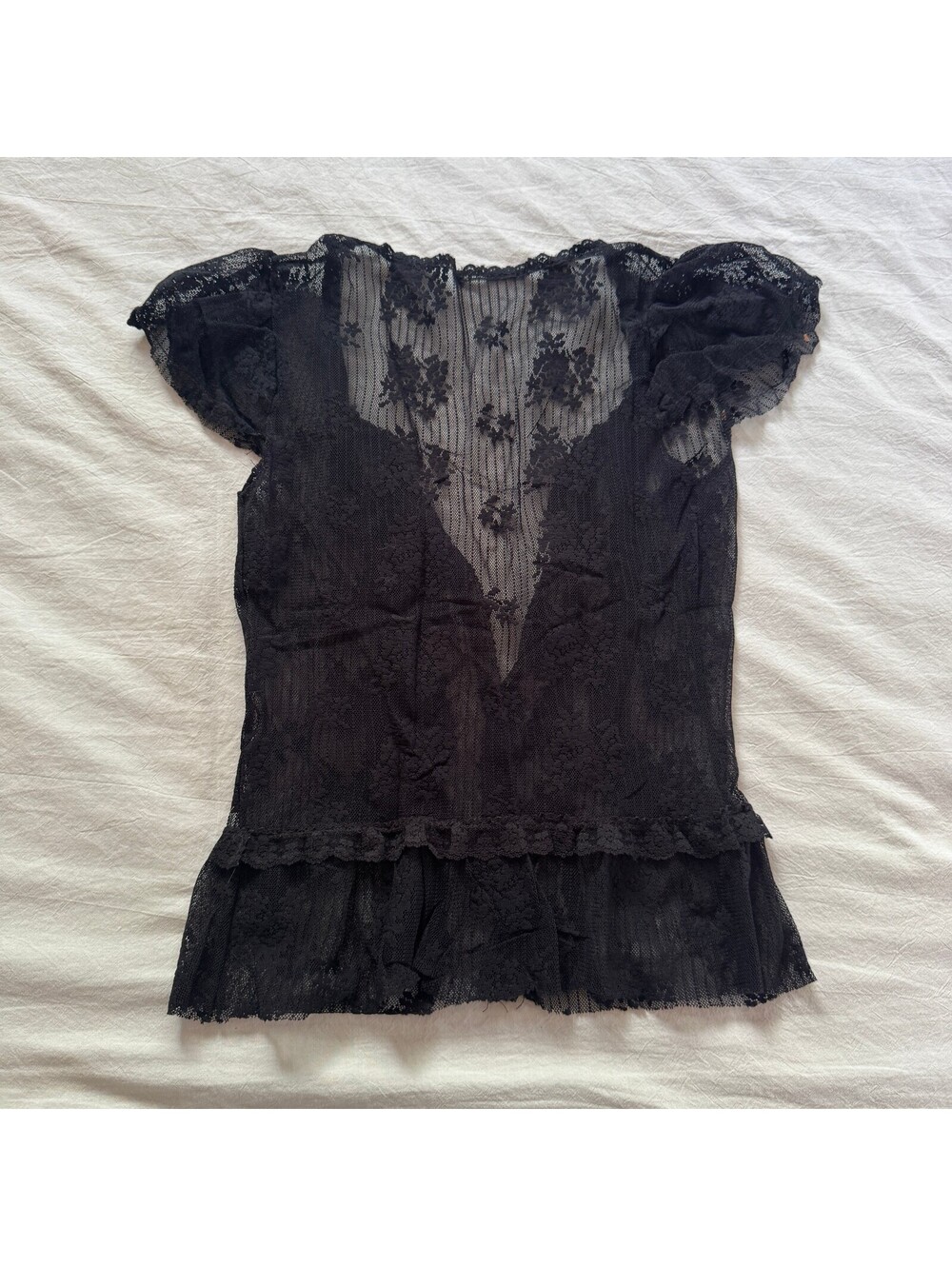 Y2K Black Sheer Floral Lace Ruffle Top Coquette Grunge Mesh Button Up Blouse XS - Picture 6 of 6
